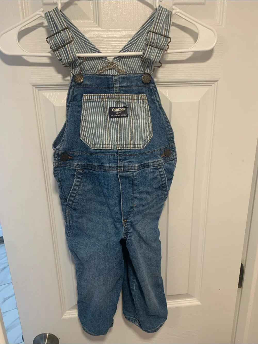 OshKosh B'gosh Blue Denim Toddler Overalls with Striped Bib Detail